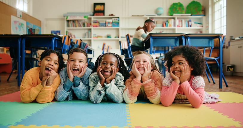 children in classroom, happy and bonding in elementary, growth and development.